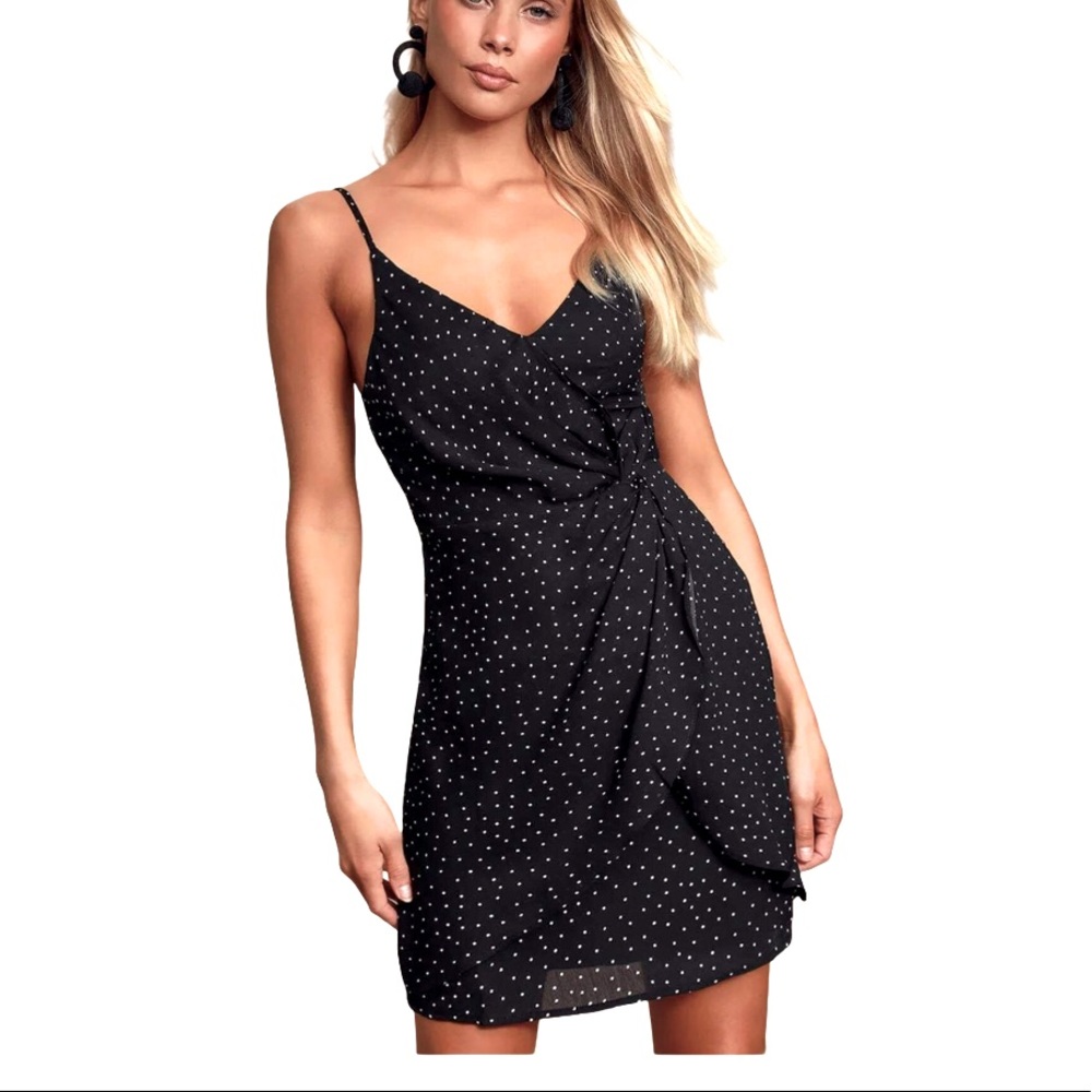LULU’S black polka dot FAUX WRAP DRESS